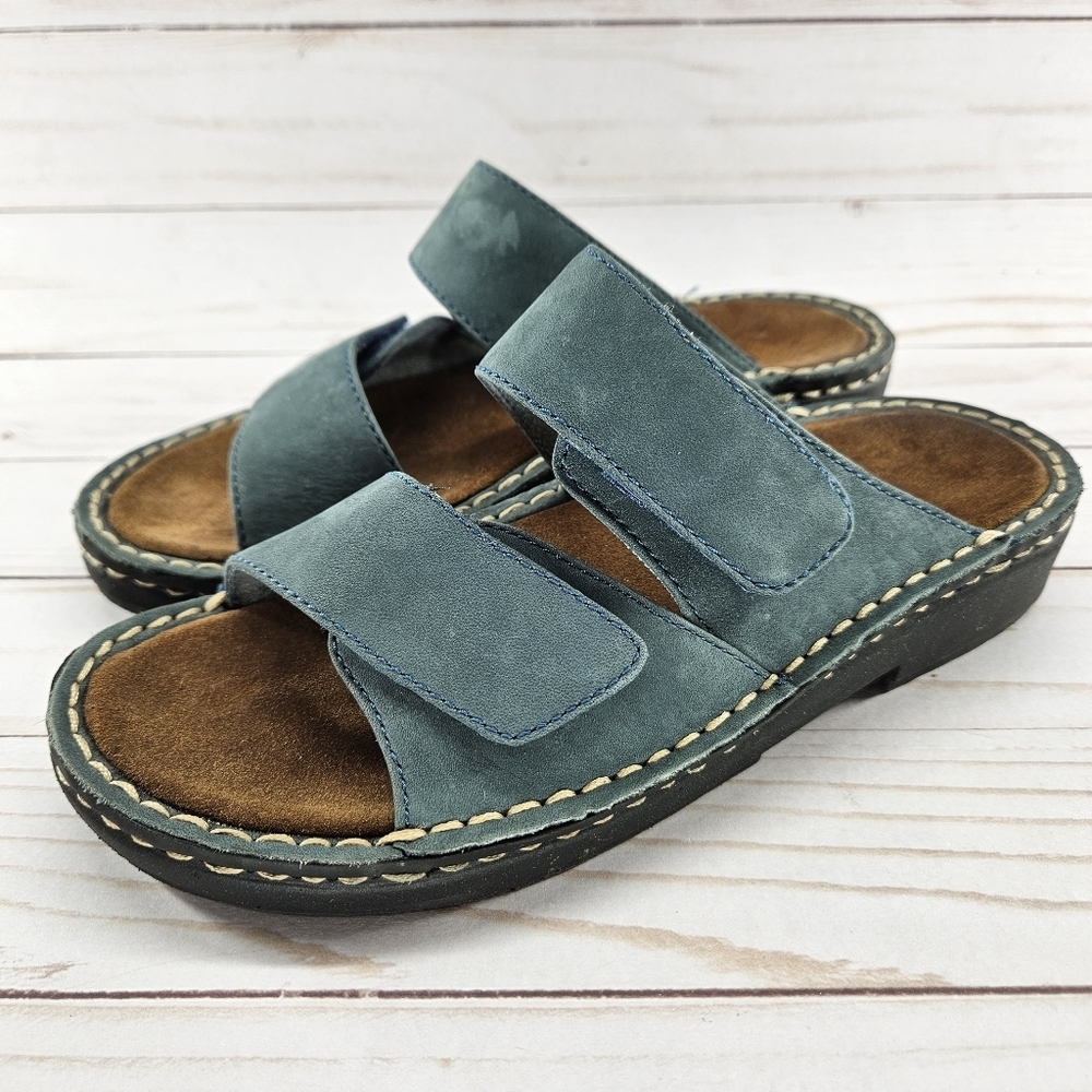 Minnetonka Blue Adjustable Double Strap Leather Sandals Size 6 Slip On‎